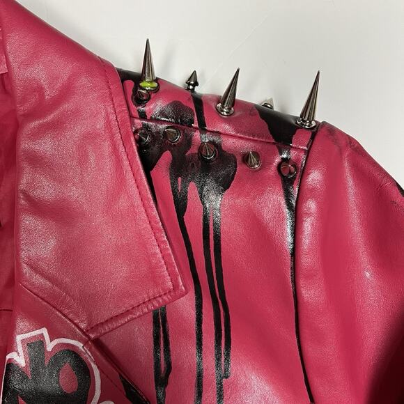 Red Faux Leather Graffiti Jacket Spikes Punk Indie Artist Streetwear OOAK Alt M - Picture 7 of 8